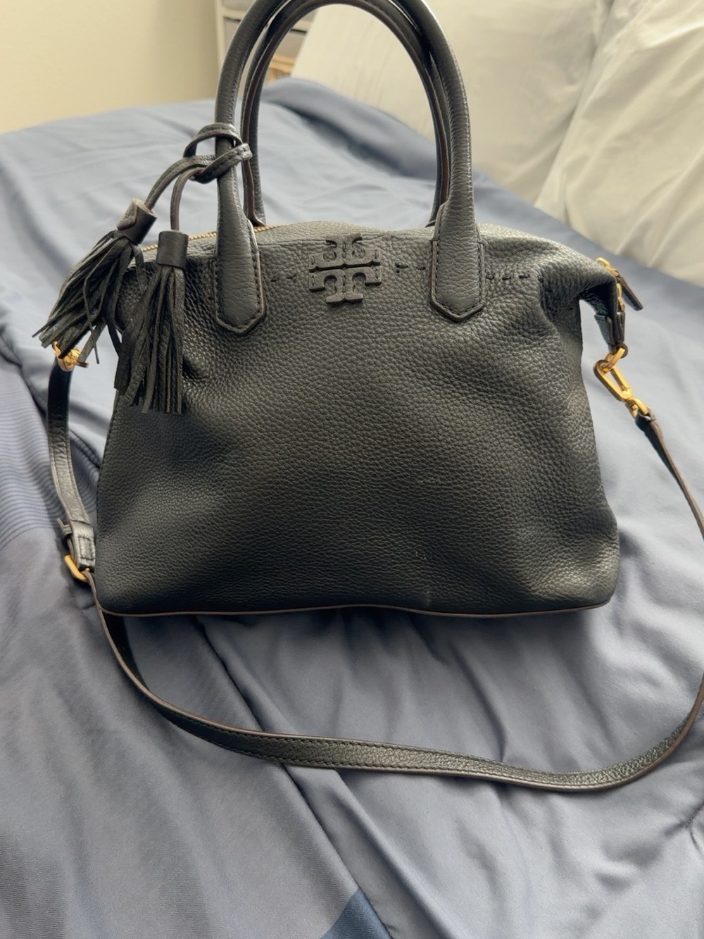 Tory Burch Black Pebbled Leather Dome Satchel with Tassel